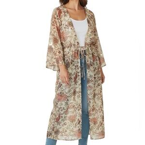 NWOT RD + KOKO Floral Shimmer Detail Tie Waist Sheer Kimono Coverup Size Small